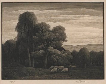 THOMAS WILLOUGHBY NASON (Massachusetts/Connecticut, 1889-1971), Landscape with Sheep, 1934., Wood