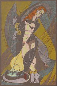LENA GURR (New York, 1897-1992), Nude dancer., Color woodblock on brown paper, 18" x 11.5". Framed