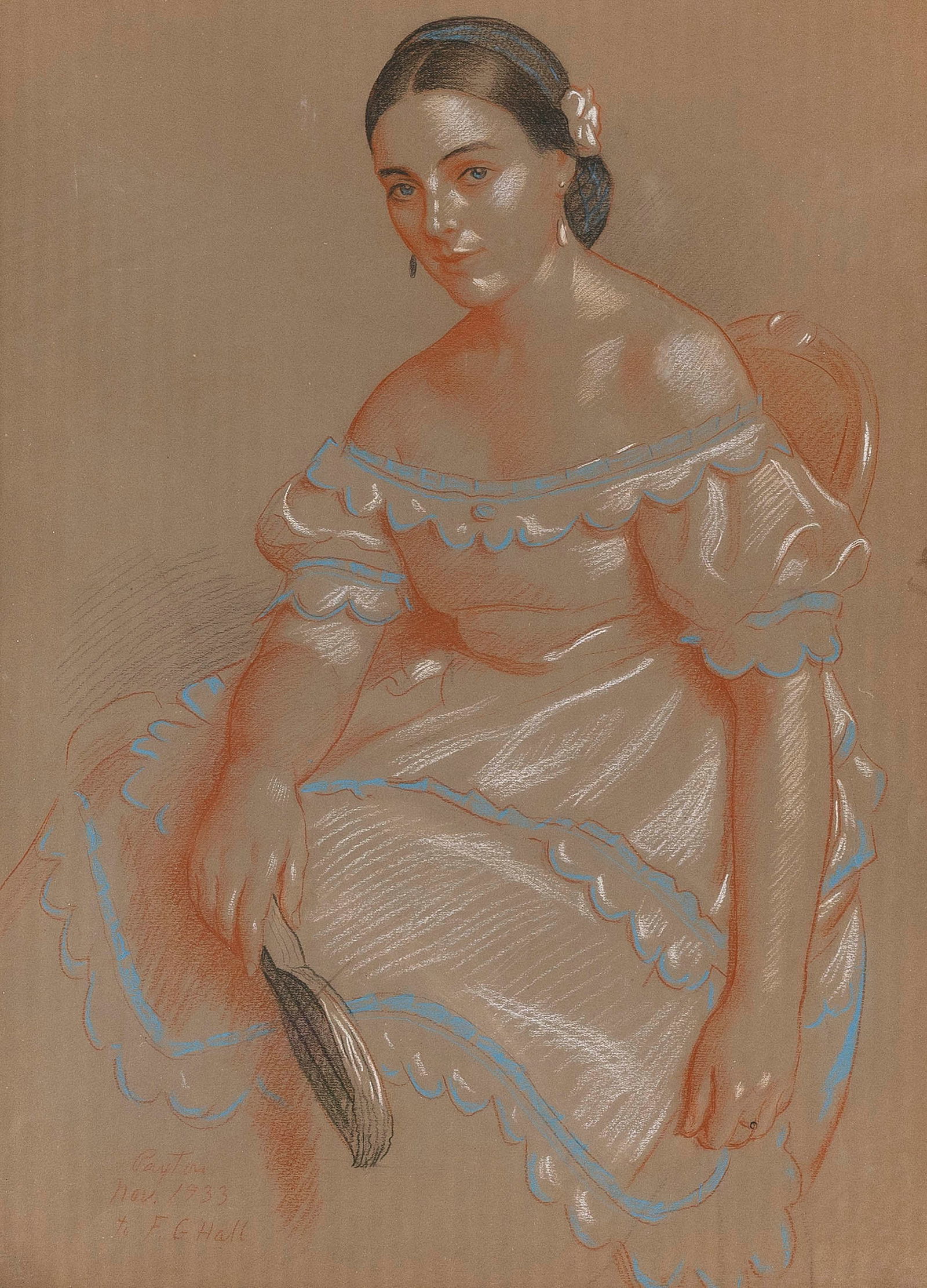 WILLIAM MCGREGOR PAXTON (Massachusetts/Maryland, 1869-1941), Portrait of a woman with a folding fan,: WILLIAM MCGREGOR PAXTONMassachusetts/Maryland, 1869-1941Portrait of a woman with a folding fan, 1933. Signed, dated and dedicated "Paxton Nov. 1933 To F.G.Hall" lower left.Pastels on paper,