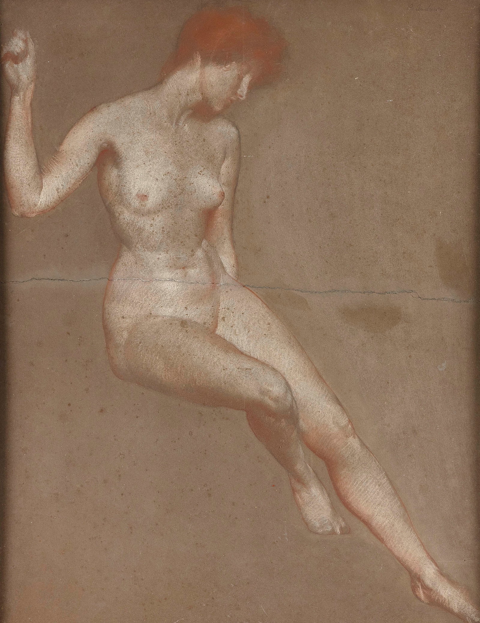 RICHARD ANDREW (Massachusetts, 1869-1956), Female nude study., Pastels on brown paper, 25" x 19": RICHARD ANDREW Massachusetts, 1869-1956 Female nude study. Signed upper right "R. Andrew". Pastels on brown paper, 25" x 19" sight. Framed 29" x 23". Notes: Richard Andrew specialized in murals, lands
