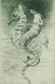 FREDERICK STUART CHURCH (New York/Michigan, 1842-1924), "The Mermaid"., Etching printed in green, 9"