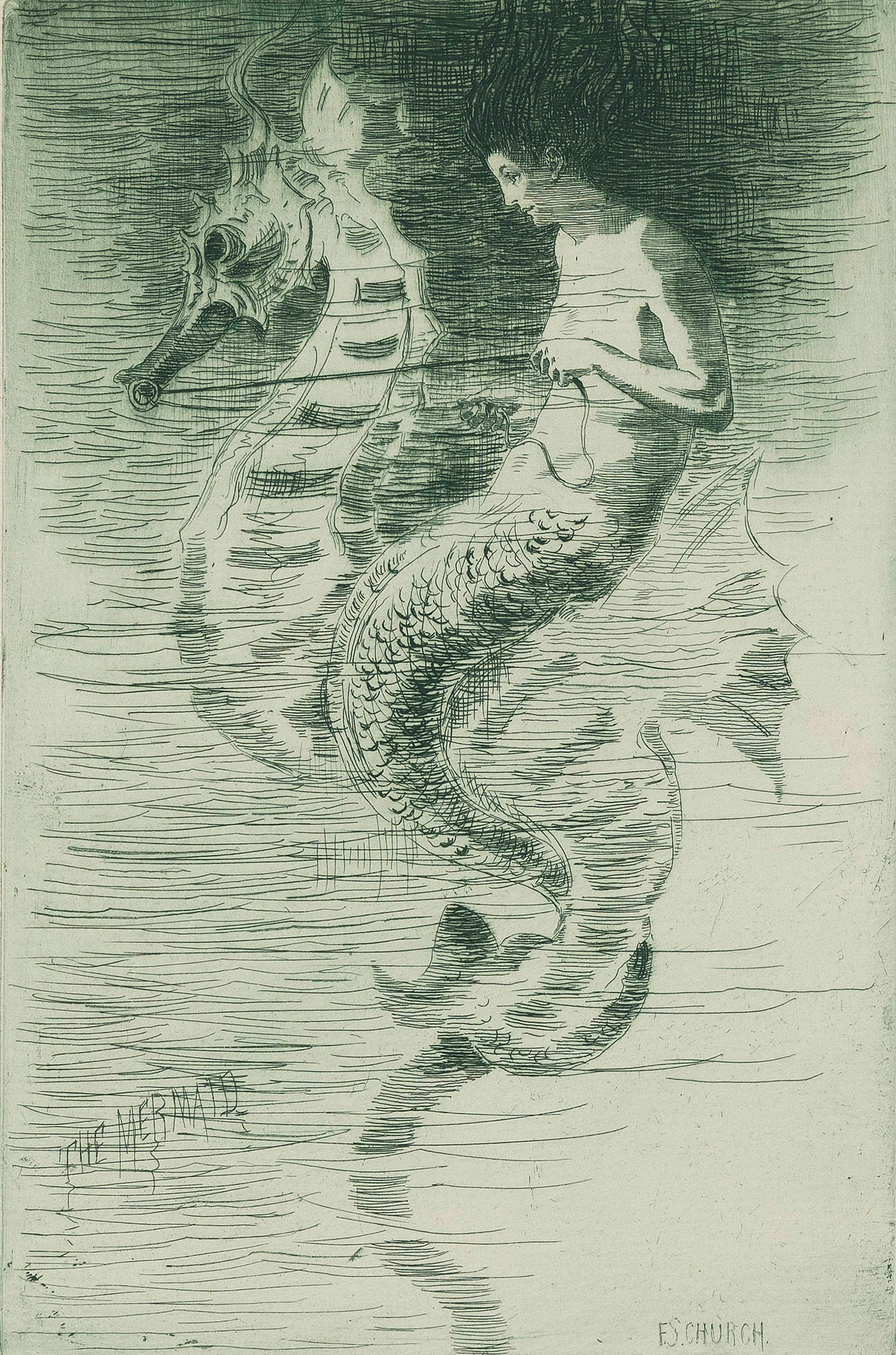 FREDERICK STUART CHURCH (New York/Michigan, 1842-1924), "The Mermaid"., Etching printed in green, 9": FREDERICK STUART CHURCHNew York/Michigan, 1842-1924"The Mermaid". Titled in the composition lower left.Etching printed in green, 9" x 6". Unframed.