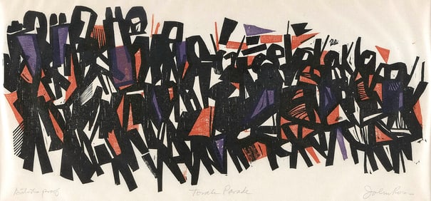JOHN ROSS (New York/Massachusetts, 1921-2017), "Torah Parade", circa 1960., Color woodcut, 8" x