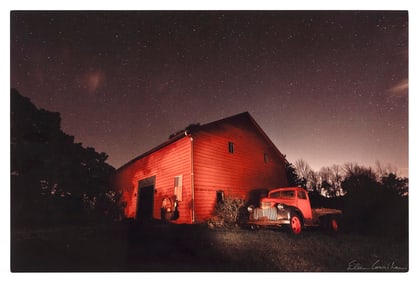EILEEN COUNIHAN (Massachusetts, Contemporary), Red barn and red Ford truck at night., Chromogenic