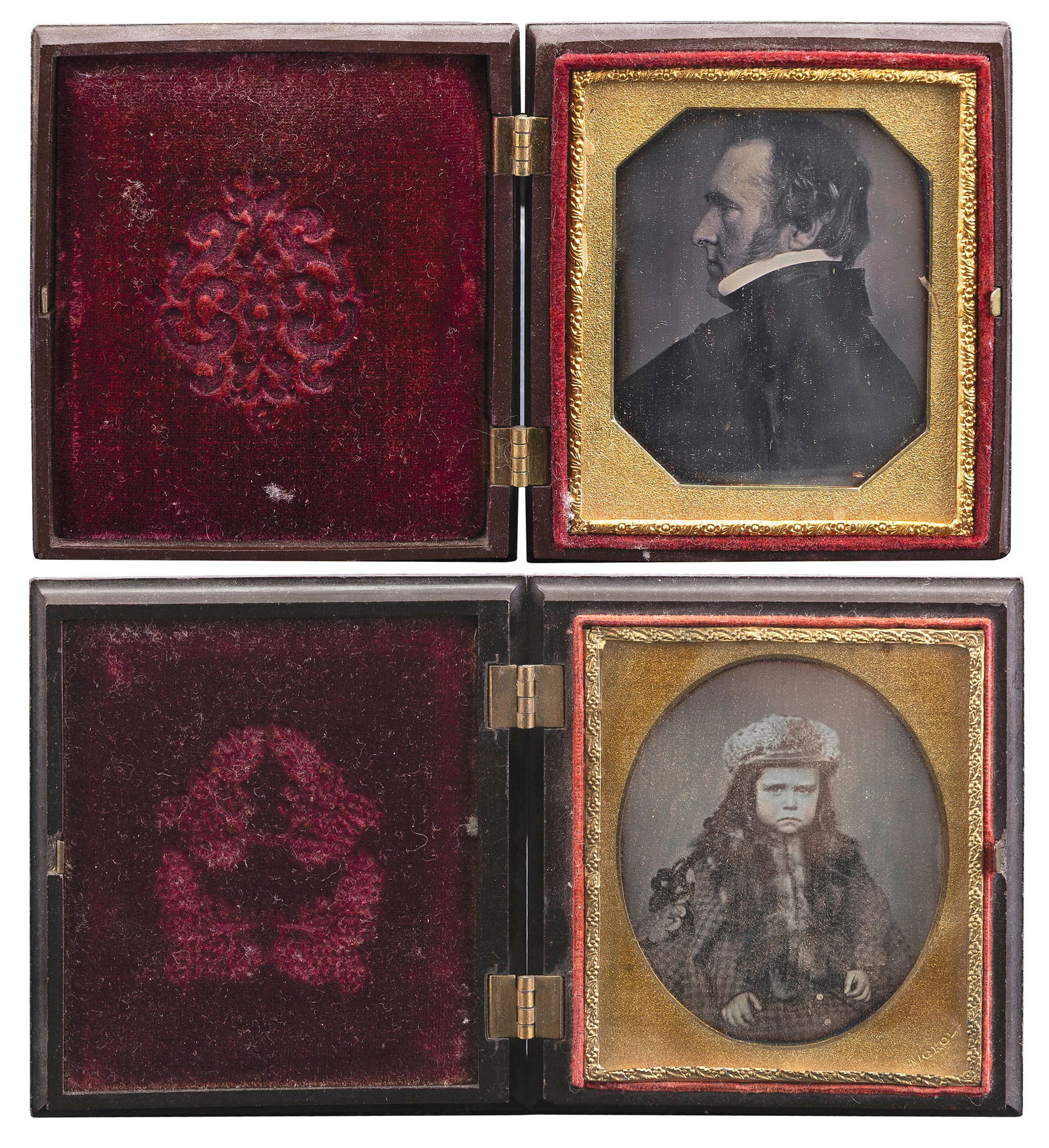 TWO SIXTH PLATE DAGUERREOTYPES IN FANCY GUTTA-PERCHA CASES 1830s 2.75" x 3.25". Cases 3.75" x 3.5". (1 of 5)