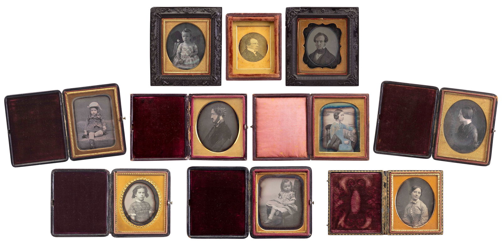 TEN DAGUERREOTYPES DEPICTING PEOPLE OF VARIOUS AGES Circa 1830s Cased from 3.25" x 2.75" to 4.5" x (1 of 20)