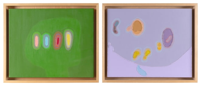 MIMI MONCIER (America, Contemporary), Two abstracts, Oils on canvas, 18" x 14". Framed 20" x 16".