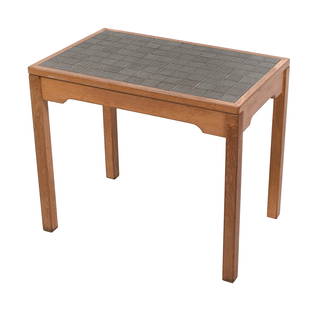 HANS J. WEGNER FOR GETAMA TILE-TOP SIDE TABLE Gedsted, Denmark, Circa 1960s Height 24". Length 29".: HANS J. WEGNER FOR GETAMA TILE-TOP SIDE TABLEGedsted, Denmark, Circa 1960sIncised green tiles set in oak. Stamped on underside.Height 24". Length 29". Width 18". Provenance:The Collection of Rodolfo M
