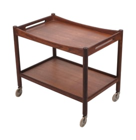 HANS J. WEGNER FOR ANDREAS TUCK TEAK BAR CART OR SERVING TROLLEY Denmark, Circa 1960s Height 24".