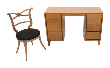 LESLIE DIAMOND FOR CONANT BALL BRUSHED BIRCH KNEEHOLE DESK WITH NON-MATCHING CHAIR Mid-20th Century