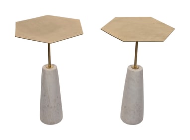 PAIR OF MID-CENTURY MODERN-STYLE BRASS AND MARBLE END TABLES Heights 23". Top 16" across.