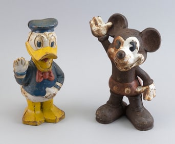 CAST IRON MICKEY MOUSE BANK AND DONALD DUCK DOORSTOP Heights approx. 9.5".