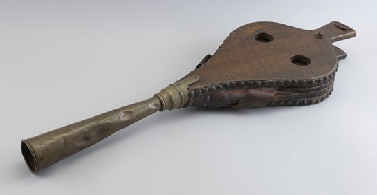 PAIR OF OVERSIZE WOOD AND LEATHER BELLOWS Length 34".