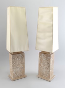 PAIR OF BAS RELIEF-CARVED TEAK TABLE LAMPS Mid-20th Century Base heights 13". Total heights 30".