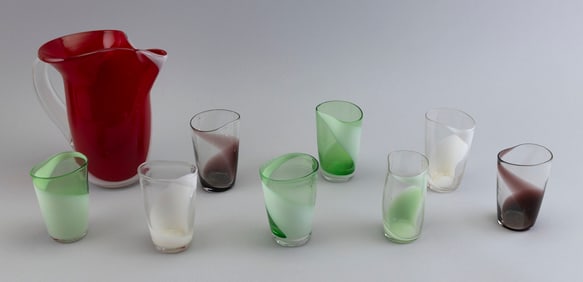 ART DECO BLENDO GLASS NINE-PIECE LEMONADE SET 20th Century Heights 4.25" and 8.5".