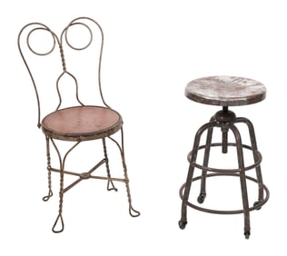 INDUSTRIAL METAL SWIVEL STOOL AND A WIRE-BACK ICE CREAM PARLOR CHAIR Early 20th Century Stool height