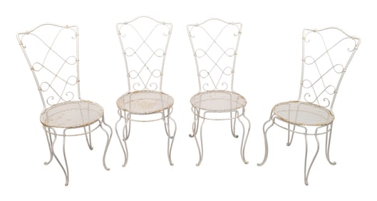 SET OF FOUR WHITE PAINTED METAL ICE CREAM PARLOR CHAIRS 20th Century Back heights 36". Seat heights