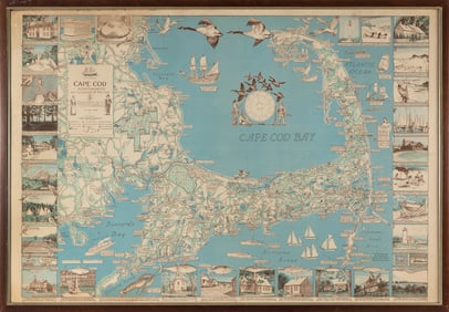 PICTORIAL MAP OF CAPE COD Dated 1939 Lithograph on paper, 24" x 36". Framed 26" x 37".