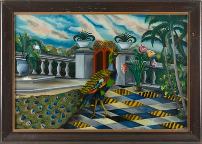 REVERSE PAINTING ON GLASS OF A PEACOCK IN A COURTYARD 1946 19" x 29". Framed 24" x 33".