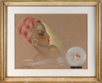 PAINTING OF A FORTUNE TELLER WITH A GOLDFISH Dated 1941 Pastel on paper, 18" x 23" sight. Framed 27"