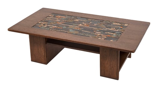 WOOD AND TILE COFFEE TABLE Mid-20th Century Height 14.5". Length 48". Width 25.5".