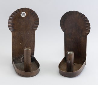 TWO STICKLEY HAMMERED COPPER WALL SCONCES Early 20th Century Heights 12.5".