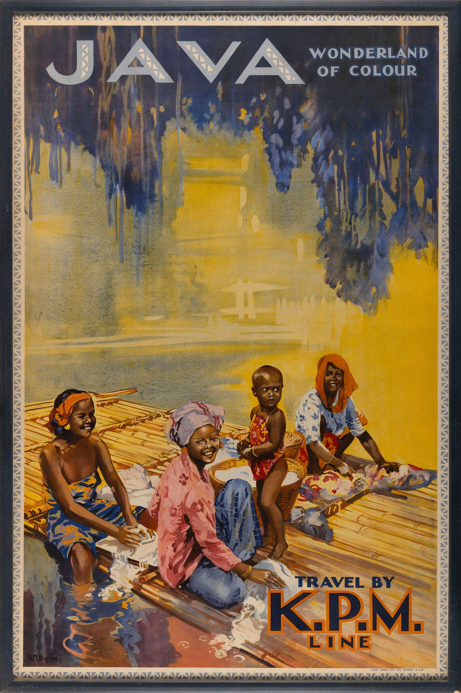 HARRY MARRIOTT BURTON (England, 1882-1979), "Java, Wonderland of Colour Travel by K.P.M. Line".,: HARRY MARRIOTT BURTONEngland, 1882-1979"Java, Wonderland of Colour Travel by K.P.M. Line". Signed in image lower left. Label verso for Man Fong picture framers, Hong Kong.Linen-backed photolithograph