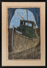 AL MEHLENBACHER (America, 1921-2014), Beached dragger., Color woodblock on paper, 21" x 33". Framed