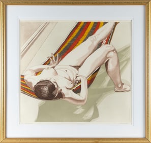 PHILIP PEARLSTEIN (New York, 1924-2022), "Nude on Striped Hammock", 1974., Color aquatint and
