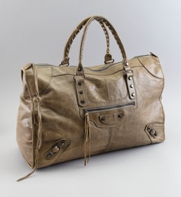 BALENCIAGA OATMEAL AGNEAU WEEKENDER BAG Early 21st Century Height 14". Length 19.25". Width 7".