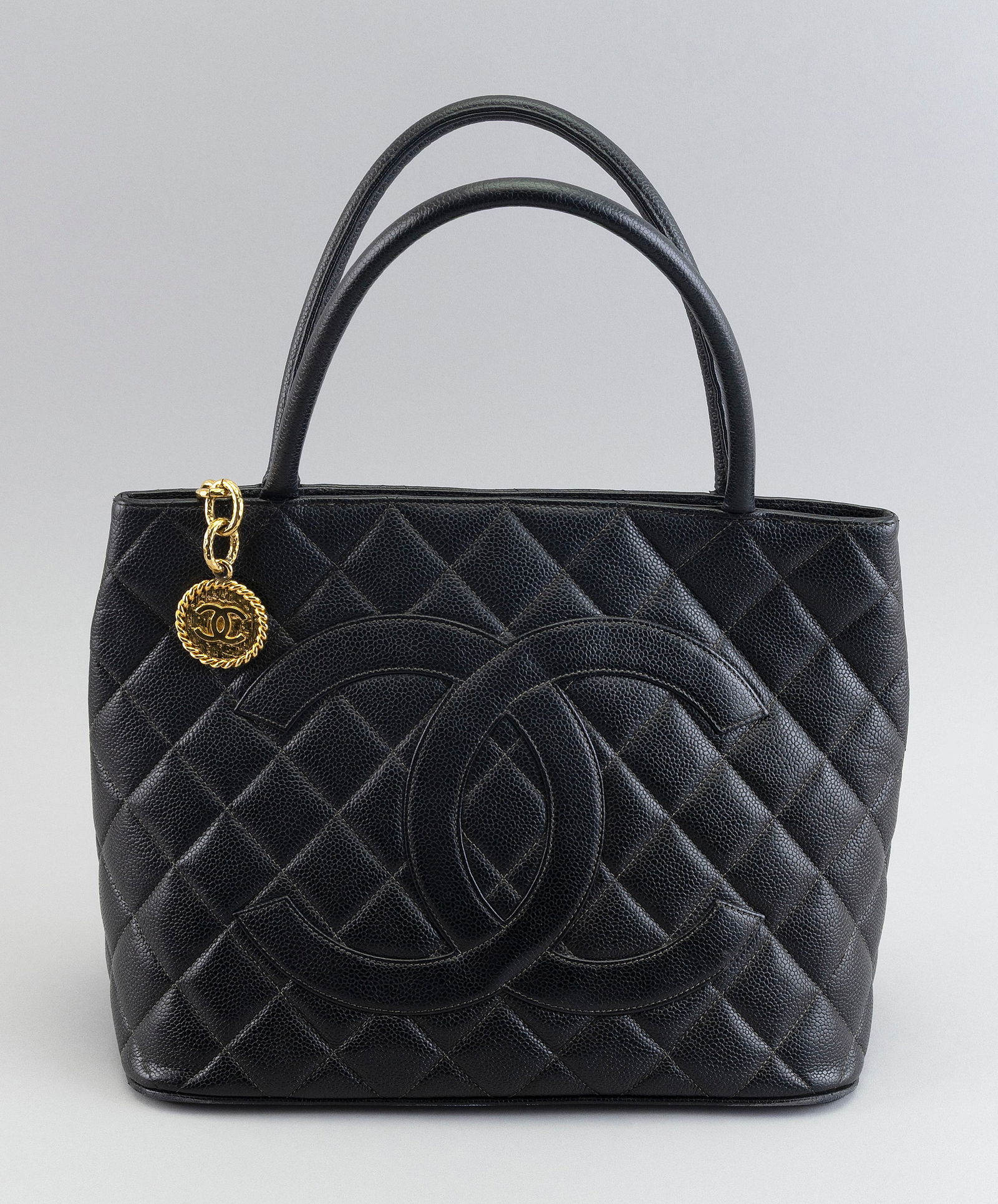 CHANEL BLACK CAVIAR LEATHER MEDALLION TOTE BAG 1997-1999 Height 9.5". Length 12.25". Width 5.75". (1 of 6)
