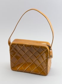 CHANEL BURNT ORANGE PATENT LEATHER CAMERA BAG 2000-2002 Height 8". Length 9.75". Width 4".