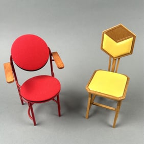 TWO VITRA DESIGN MUSEUM FRANK LLOYD WRIGHT MINIATURE CHAIRS 20th Century Heights 5.5" and 6.5".