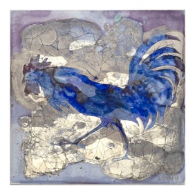 JEAN NISON (New York/California, 1922-), Painted ceramic tile with a blue rooster against metallic.,