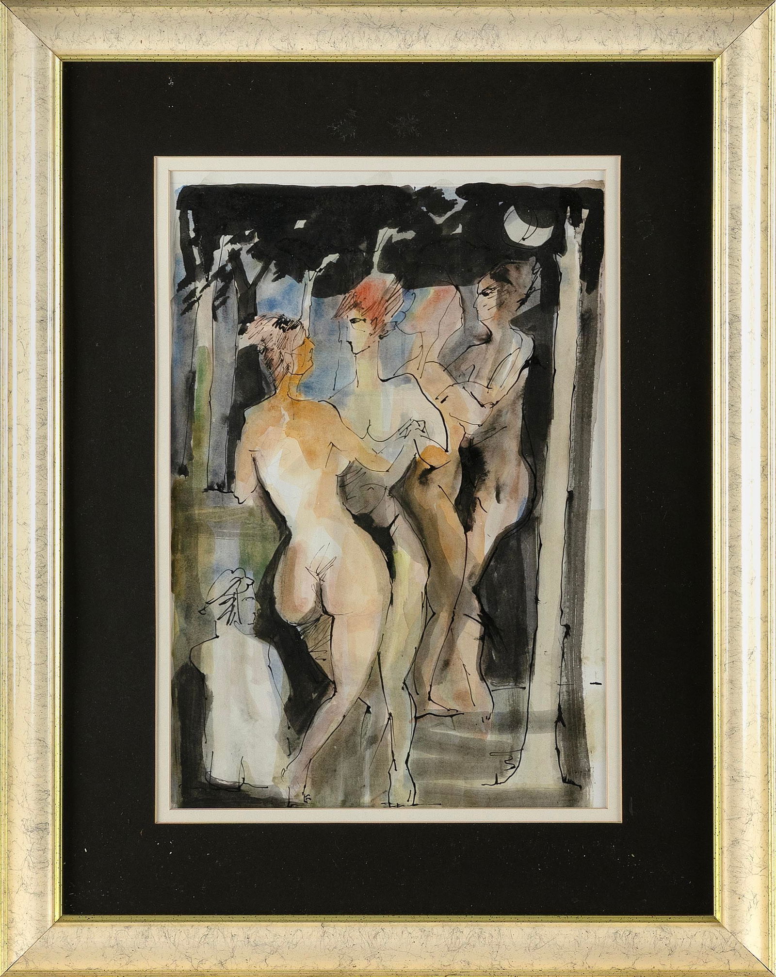 ABSTRACT SCHOOL (Mid-20th Century,), Five nudes., Ink and watercolor on paper, 16.5" x 11" sight. (1 of 2)