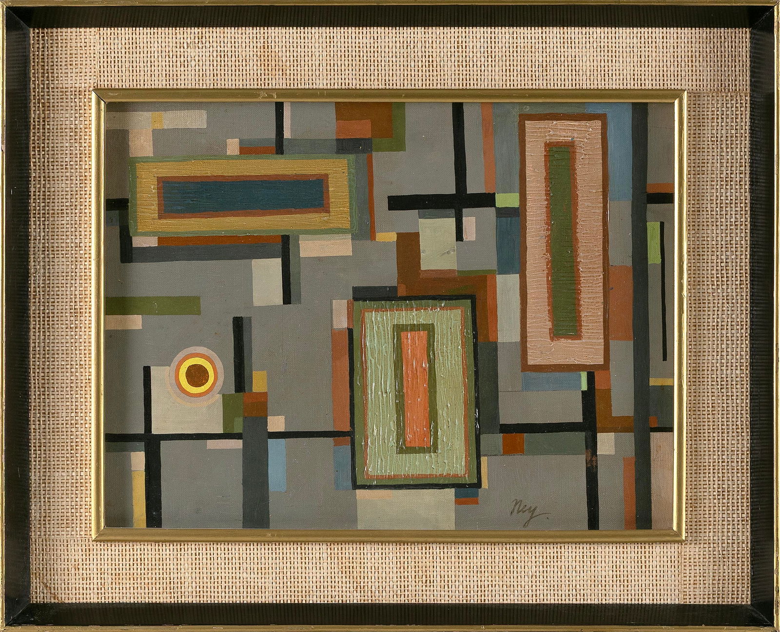 LLOYD RAYMOND NEY (Pennsylvania, 1893-1965), Modernist composition., Oil on canvas board, 12" x 16". (1 of 2)