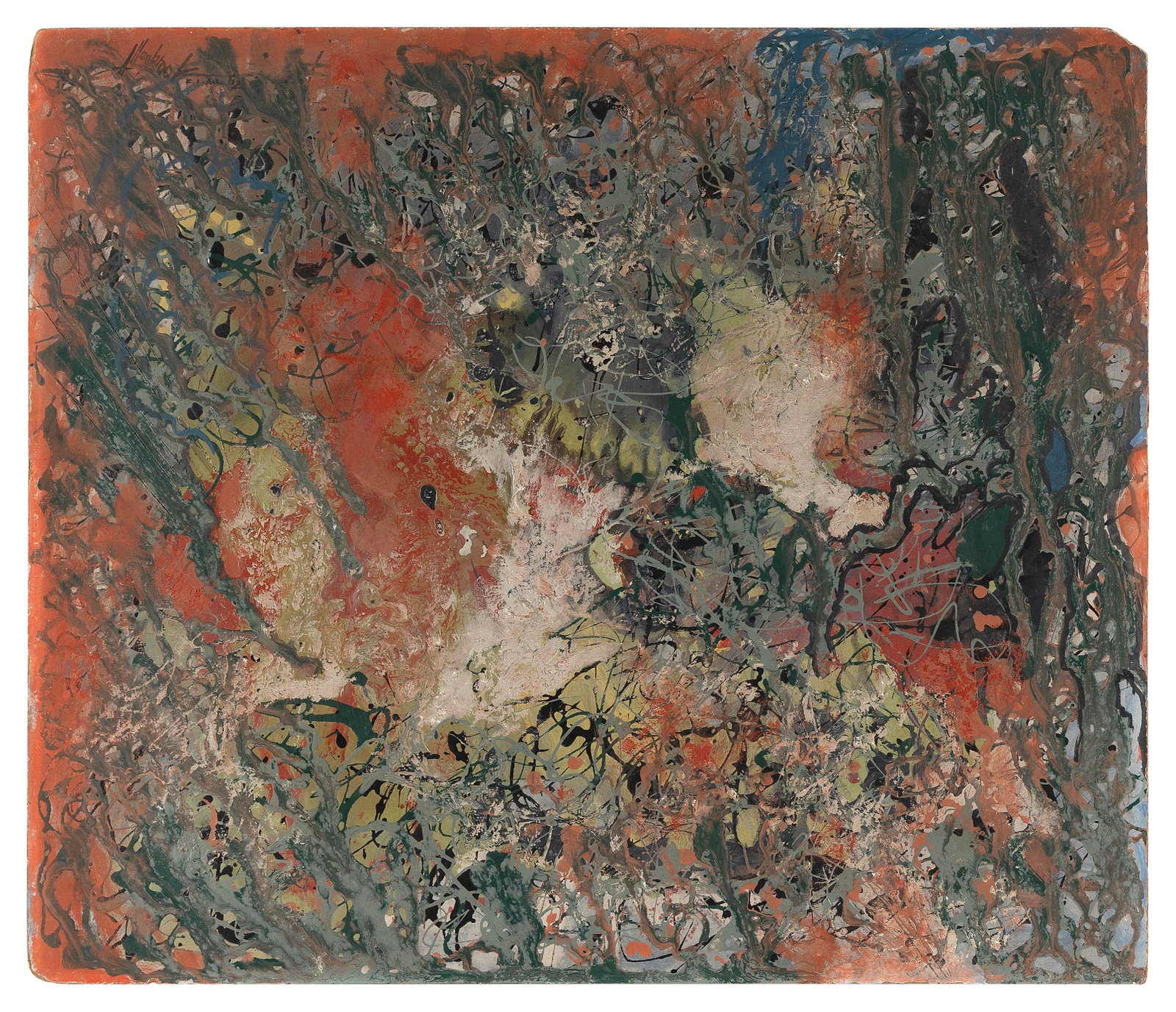 CHARLES THEADORE ALLENBROOK (America, 1905-1988), Abstract in muted gray, green, blue and red., Oil: CHARLES THEADORE ALLENBROOK America, 1905-1988 Abstract in muted gray, green, blue and red. Signed upper left "Allenbrook". Oil on board, 23.75" x 28". Unframed.