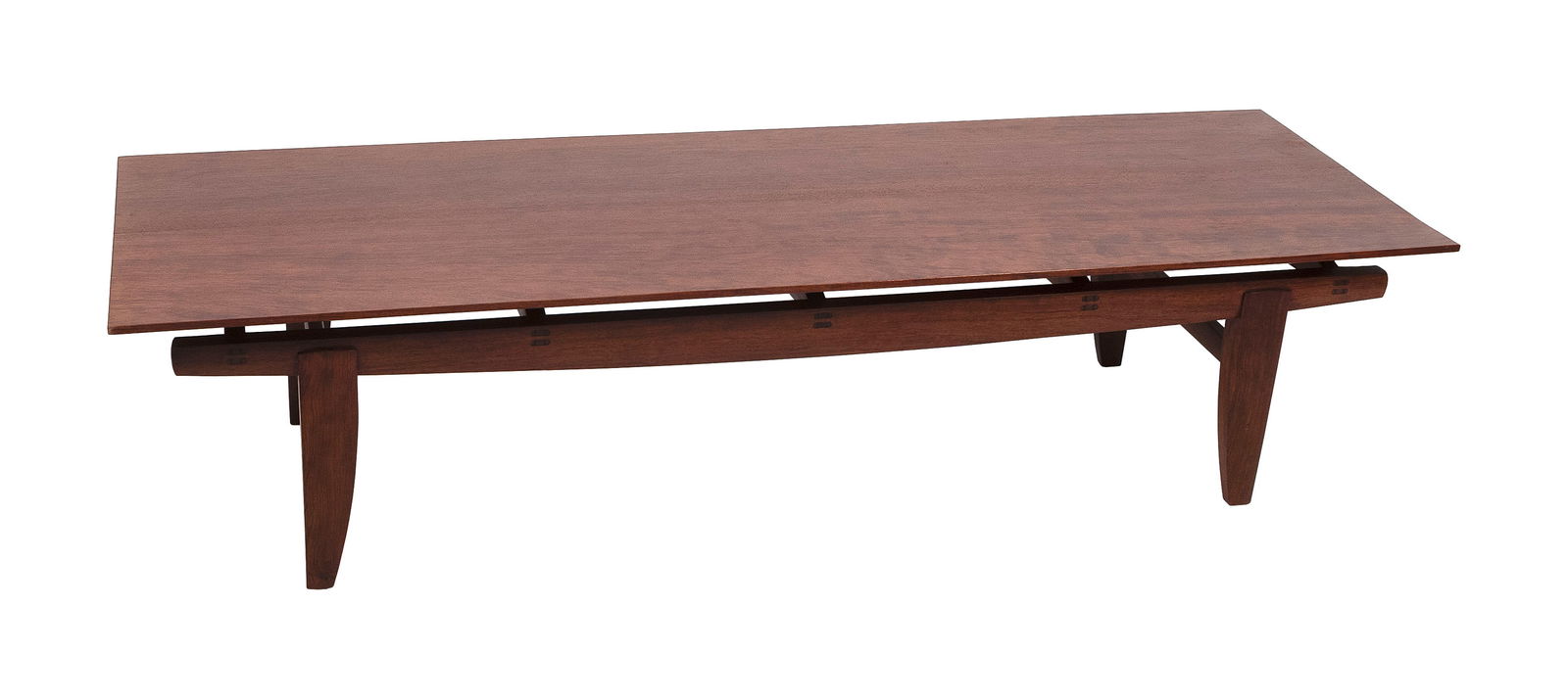 CUSTOM BUBINGA COFFEE TABLE Rhode Island, Circa 1986 Height 17.25". Length 70". Width 24". (1 of 2)