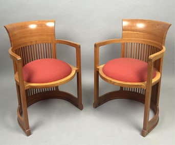 PAIR OF FRANK LLOYD WRIGHT (1867-1959) FOR CASSINA BARREL CHAIRS Italy, 1980s reissue Back heights
