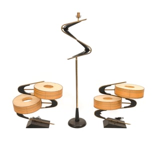 SUITE OF THREE 20TH CENTURY DESIGN LAMPS Heights from 24.25" to 55.75". Widths from 12.75" to 21".