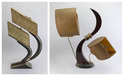 TWO CONTEMPORARY DESIGN TABLE LAMPS 20th Century Heights 29" and 34".: TWO CONTEMPORARY DESIGN TABLE LAMPS20th CenturyWood and brass organic design bases.Heights 29" and 34".