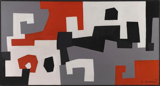 MILTON TEICHMAN (Massachusetts, 1930-), Abstract in red, gray, black and white., Oil on canvas, 24"