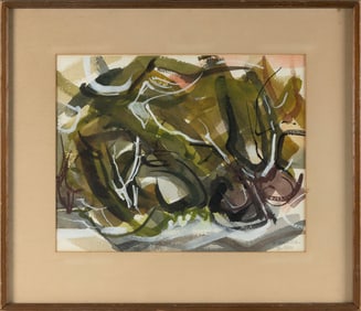 AMERICAN SCHOOL (20th Century,), Abstract in olive green, eggplant, black, white and gray.,