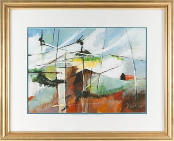 AMERICAN SCHOOL (1968,), Abstract with red barn., Mixed media, 19" x 27" sight. Framed 32" x 39.5".