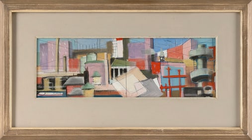 AMERICAN SCHOOL (20th Century,), City skyline., Mixed media, 5.75" x 17" sight. Framed 13" x 24".