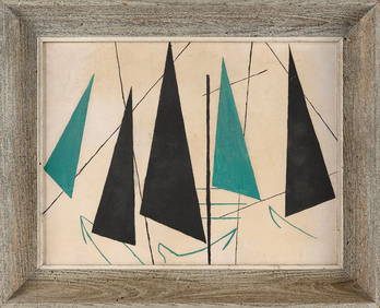 AMERICAN SCHOOL (Mid-20th Century,), Geometric abstract evoking sailboats., Oil on board, 12" x 16". (1 of 2)