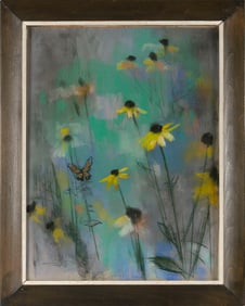 FRANK MILBY (Massachusetts, 1933-2023), Black-eyed Susans and a butterfly., Pastel on paper, 24" x