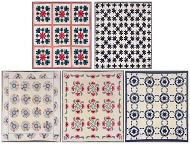 FIVE FLORAL APPLIQUE QUILTS Largest 80" x 66".