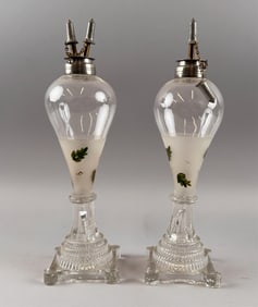PAIR OF CLEAR GLASS WHALE OIL LAMPS First Half of the 19th Century Heights 11.5".