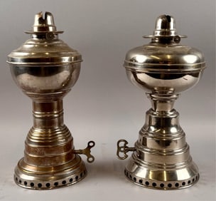 TWO WANZER LAMP COMPANY SIMILAR NICKEL-PLATED MECHANICAL KEROSENE LAMPS Late 19th Century Heights